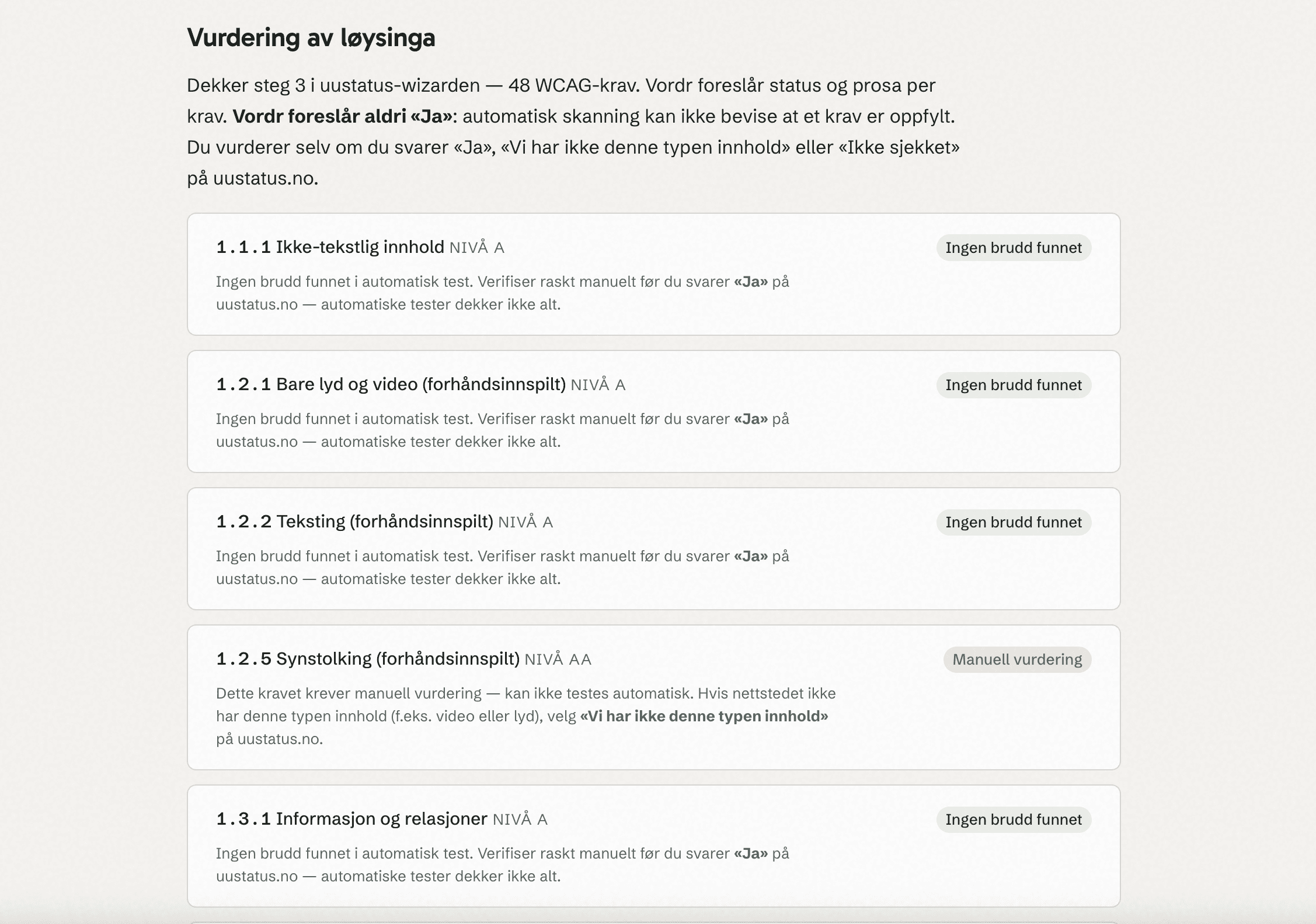 Skjermbilde av Vordrs vurderings-flyt. Hvert WCAG-krav vises som et kort med statuspille (Ingen brudd funnet, Manuell vurdering) og forslag til prosa du kan bruke på uustatus.no.