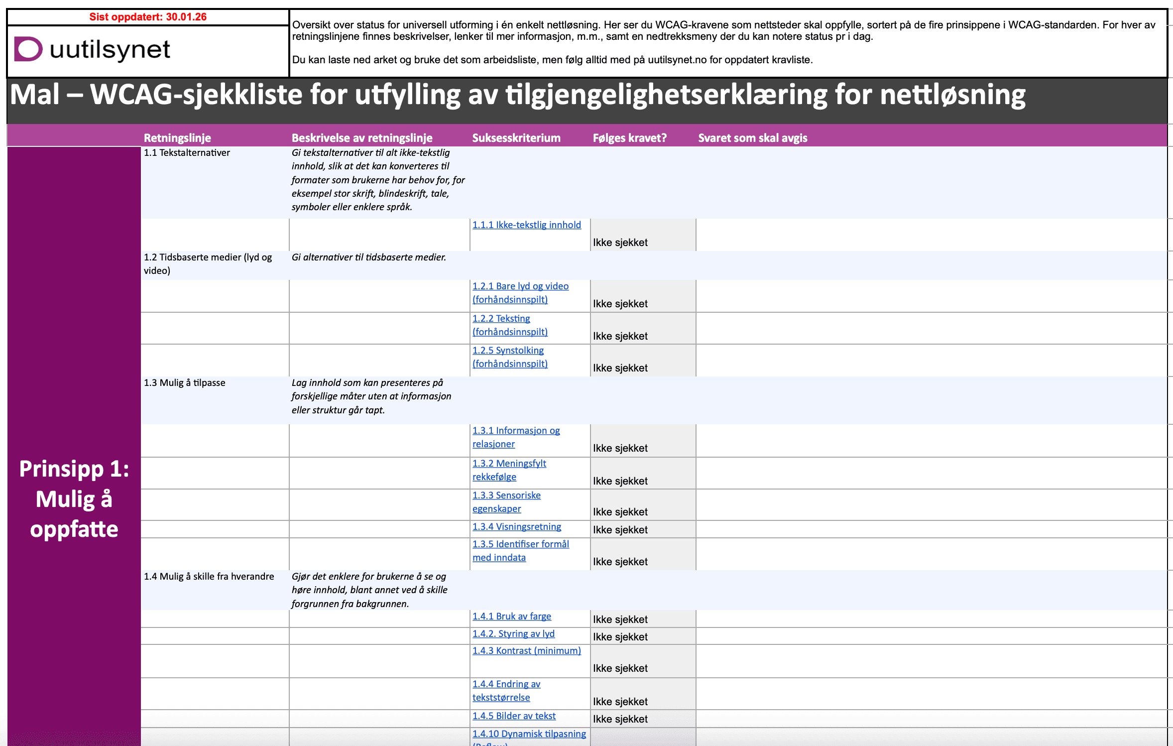 Skjermbilde av UUTilsynets WCAG-sjekkliste-mal i Excel. Viser kolonner for retningslinje, beskrivelse, suksesskriterium og status, gruppert under Prinsipp 1: Mulig å oppfatte.
